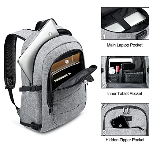Tzowla Laptop Travel Backpack Mens Womens Water Resistant Anti-Theft Bag with USB Charging Port and Lock 15.6 Inch Computer Business Backpacks for School Work College Gift,Casual Daypack-Grey — view 3