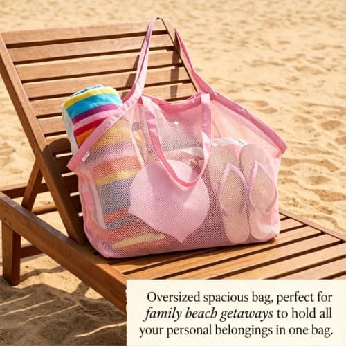 Large Mesh Beach Bag,Beach Toy Bag for Kids,Mesh Beach Bags,Foldable Toys Net Tote Bags Waterproof Lightweight for Sand Storage for Wet Towels Swim Pool Travel Essentials Accessories (40x24x38 cm) — view 5
