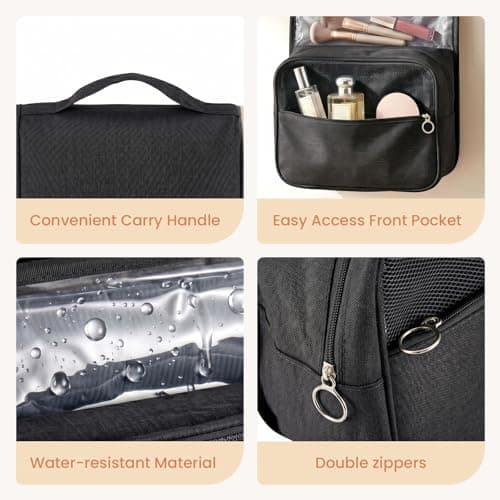 SUNNYNEST Unisex Travel Makeup Bag with Mirror – Foldable Hanging Toiletry Bag, Vanity Case & Makeup Organiser for Business Trips, Camping, Fitness & Weekend Getaways (Black) — view 4