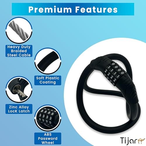 TIJAR Combination Bike Lock Cable, Heavy-Duty 4-Digit Resettable Code Lock | Anti-Theft Security with Alloy Core & Scratch-Proof Soft Plastic Cover | Water Proof Coating, Ideal for Bicycles & Gates — view 2
