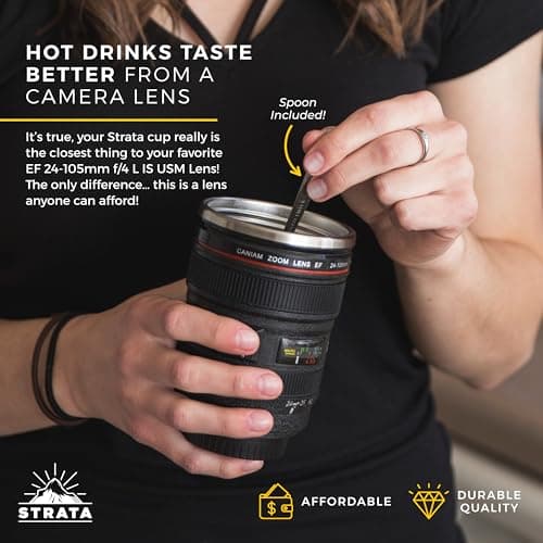 STRATA CUPS Camera Lens Coffee Mug -13.5oz | (2 LIDS + Spoon + Bag) Gift for Him, Dad Gifts, Photography, Camera Accessories, Novelty Gifts — view 6