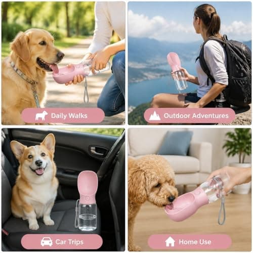 Dog Water Bottle, 350ml Sakura Pink Leak Proof Portable Dog Travel Water Bottle, 2-in-1 Puppy Water Dispenser & Dog Bowl, for Walking Hiking, Food Grade Dog Water Fountain Gift for Outdoor Pets — view 4