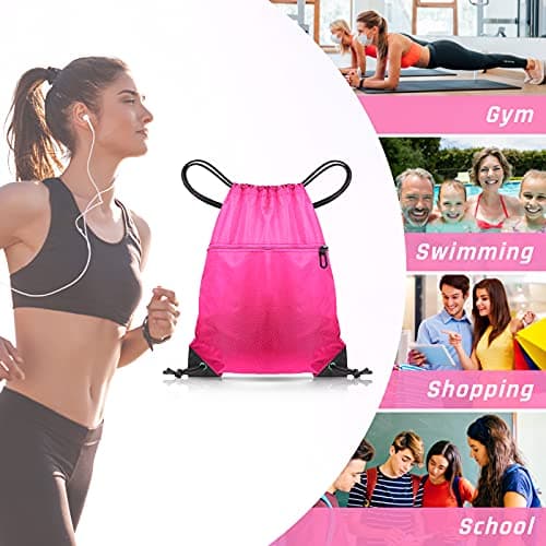 CHEPULA Drawstring Bags, Large Sports Backpack String Swim Drawstring Gym Bags for Women Men, Travel Beach Bag with Waterproof (Rose Red) — view 4