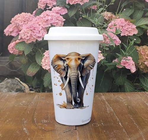 Personalised Elephant Travel Mug, Gift for Safari Lover, Thank you present for Zoo Animal Lover, Hot Drinks Flask, Insulated Coffee Cup — view 2
