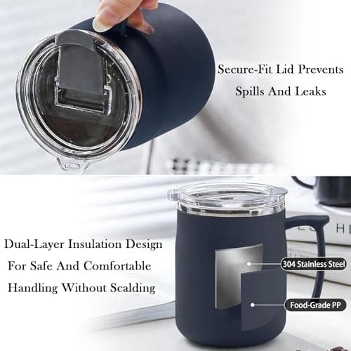 HZXYchen Stainless Steel Travel Mug with Handle – 304 Coffee Cup 500ml with Locking Lid – for Commute, Office & Outdoor – Navy Blue — view 5