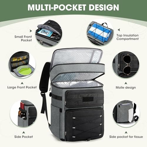 RAINSMORE Cooler Backpack 30L Insulated Cool Bag Rucksack Leakproof Large Capacity Dual Zone Thermal Picnic Backpack Waterproof for Outdoor BBQ Grey — view 5