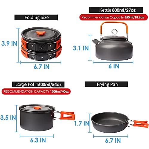 Gutsdoor Camping Cookware Set Camping Cooking Set Non Stick Family Backpacking Cooking Set Lightweight Stackable Pot Pan Bowls with Storage Bag for Outdoor Hiking (10pcs (Orange)) — view 3