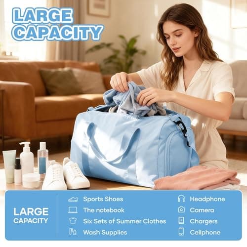 HYC00 Gym Bag Womens Mens Small Sports Duffle Bags with Shoes Compartment & Wet Pocket Weekend Travel Duffel Bag for Women Carry on Overnight Bags Lightweight Holdall Hospital for Yoga,Light Blue — view 5