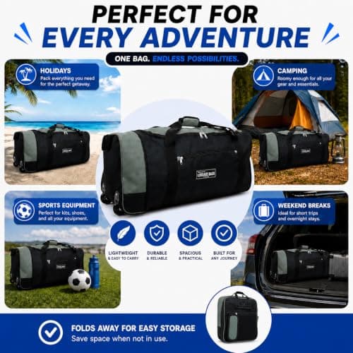 Large Holdall with Wheels, 82L Wheeled Duffle Bag, Black Rolling Travel Bag, Soft Luggage with Zipped Pockets for Holidays, Weekend Trips, Sports, Gym & Overnight Travel — view 4