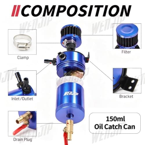 WENJTP Oil Catch Can Kit with 4 Adapters + Breather Filter Drain Valve Plug 2 Ports (1 oulet + 1 inlet) 150ml Universal Aluminum Baffled Oil Reservoir Tank Oil Separator (Blue) — view 4
