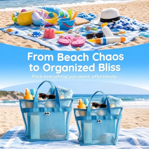 QWEPU Mesh Beach Bags, 2PCS Lightweight Large Pool Beach Tote Bag, Portable Mesh Beach Tote Bag Mesh Sand Bag Mesh Beach Bag Suitable for Pool, Beach, Travel (blue) — view 6