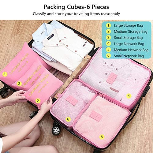 Vicloon Travel Luggage Organizers,Complete Set of Different Packing Cubes Waterproof Travel Storage Bags,Organizers Nylon Suitcases, Pink, Grande — view 3