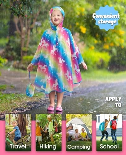 WAWSAM Kids Poncho Waterproof - Rainbow Unicorn Rain Poncho for Girls - Lightweight Hooded Raincoat with Storage Bag - Portable Rainwear for School & Travel — view 4