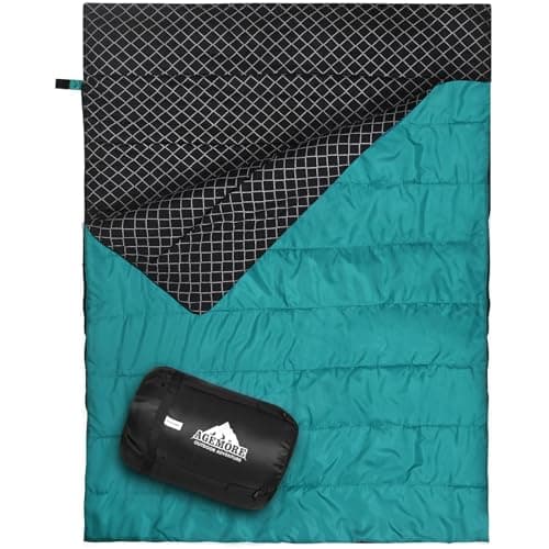 AGEMORE Cotton Flannel Double Sleeping Bag for Adults, Queen Size 2 Person Sleeping Bag for Camping Biking or Backpacking, Waterproof & Lightweight for Truck,Tent or campervan (Lake Blue/Black)