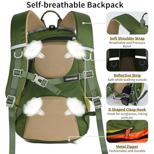 Lightweight Hiking Backpack, 30L Women/Men Waterproof Travel Rucksack Bag with Rain Cover, Outdoor Small Foldable Daypack for Student, Fit for 15.6 inch Laptop (Green, 30L) — view 4