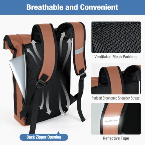 Lekeinchi 17-Inch Waterproof Laptop Backpack for Men and Women - Roll Top Design for School, Travel, Business, Work, and Camping(Brown) — view 5