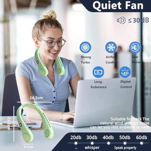 Bladeless Neck Fan, USB Rechargeable Hands-Free Portable Fans with LED Display, 5 Speeds Operated Adjustable 360° Airflow Cooling Wearable Fan for Men Women Sporting Travelling Working (Green) — view 3