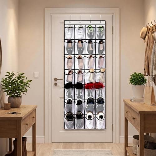EVTHUR Over Door Shoe Storage Organiser 28 Large Mesh Pockets Hanging Shoe Rack Holder with 4 Hooks, Back of Wardrobe Door Storage Tidy for Shoes & Small Items (White) — view 6