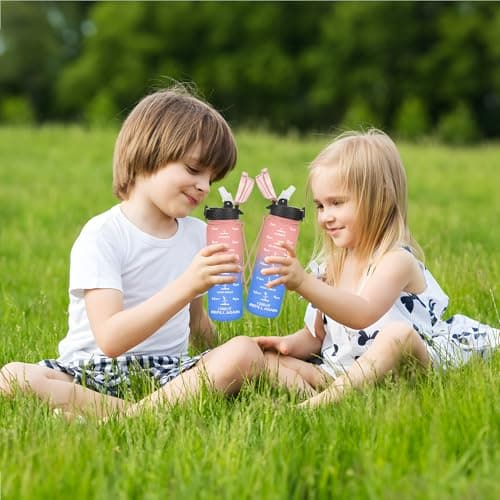 GOPPUS 500ml/17oz Kids Water Bottles with Straw Tritan Childrens Bottle with Flip Top Lid BPA Free Measured Drinks Bottle with Strap Sports Reusable Time Markings Leakproof (Pink Blue) — view 6