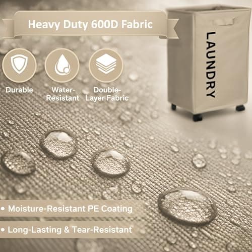 Large 80L Rolling Laundry Hamper | Foldable Clothes Basket with Wheels | Freestanding Washing Bin | Moisture Proof Oxford Fabric Storage Organizer |Beige — view 6