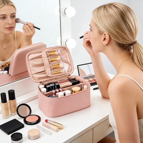 Travel Makeup Bag Portable Cosmetic Bag with Makeup Brushes Organiser Pink — view 2