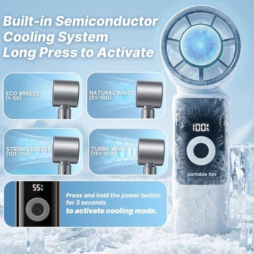 Portable Handheld Fan with Ice Cooler Pad, 5000mAh Rechargeable, 199 Speeds — view 3