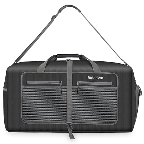 Bekahizar Travel Duffle Bag 60L Lightweight Foldable Holdall Duffels Large Weekend Overnight Bag Packable Carry On Luggage with Shoe Compartment for Men Women Camping Storage Gym Beach (Black) — view 2
