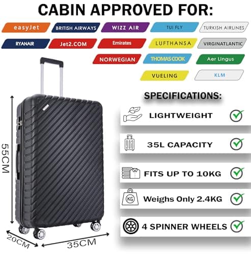 FLYMAX 55x35x20 Cabin Suitcase Carry on Suitcase Hard Shell Hand Luggage Cabin Bag Case Approved for Ryanair EasyJet 2 Small Fits 8kg 10kg 35 Litre Capacity + 3 Digit Lock + Telescopic Handle Luggage — view 2