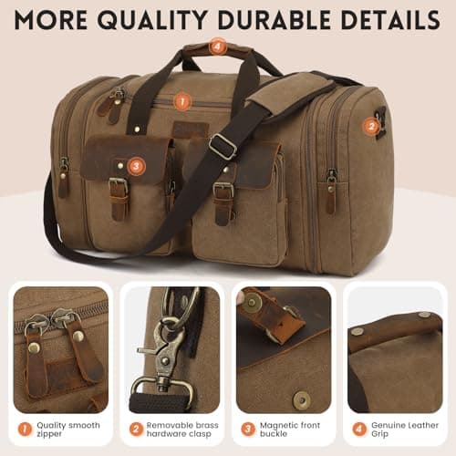 Imyth 60L Large Capacity Leather Duffle Bag - Classic Vintage Expandable Canvas Weekend and Overnight Travel Bag, Airplane Carry-On Luggage（Coffee） — view 4