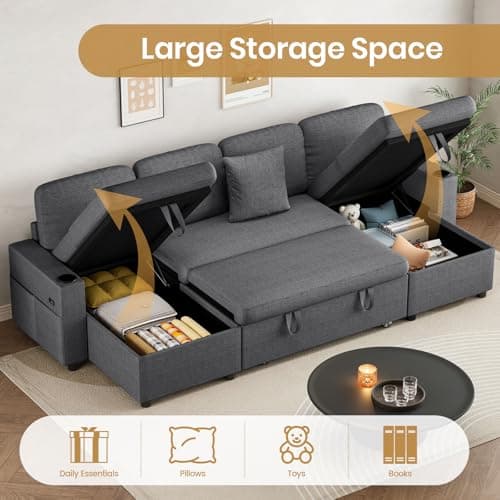 Corner Sofa Bed, U-Shaped Convertible Sleeper Sectional Sofa Bed with Storage, USB & Type-C Ports, Cup Holders and 2 Cushions, 4 Seater Linen Pull Out Couch Bed for Living Room, Bedroom, Grey — view 3