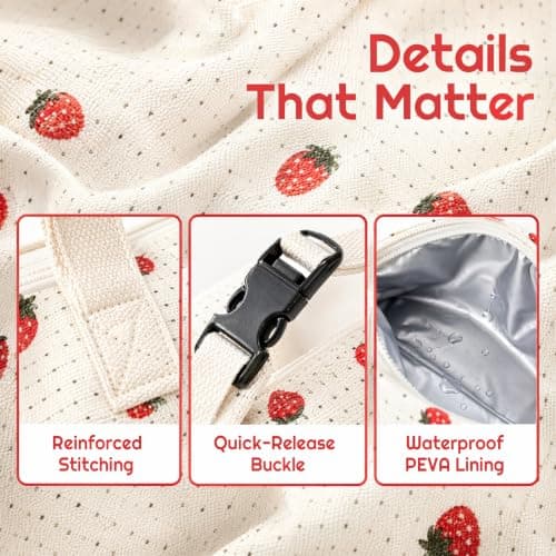 Qixkuric Lunch Bag, Corduroy Lunch Bag Waterproof Lunchbag Proof Corduroy Tote Bags Capacity Cooler Bags for Work School Picnic Travel 24 × 12 × 22cm (White Strawberries) — view 3
