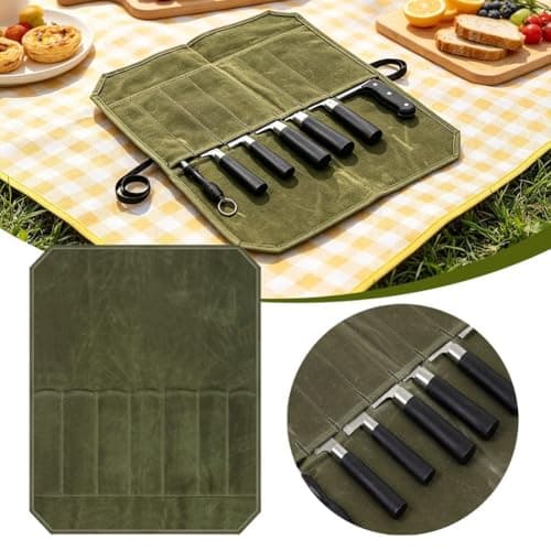 Cloth Knife Roll Bag, 7-Slot 45cm Holder for Chef, Khaki — view 6