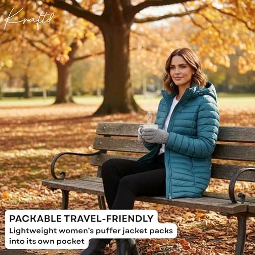 kraftd Womens Winter Lightweight Puffer Jacket Quilted Padded Down Coat With Detachable Hood Central Zip Best for Autumn Winter, Outdoors & Travelling (Teal, 20) — view 2