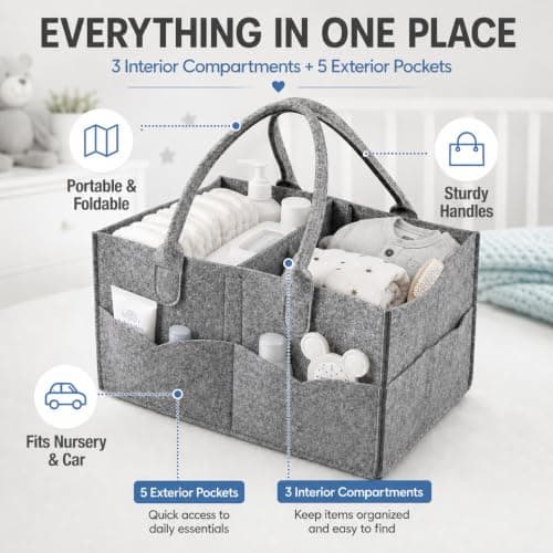 PandaEar Baby Diaper Caddy Organiser - Large Felt Nursery Storage Bin for Nappies & Wipes - Portable Car Travel Basket with 3 Adjustable Compartments & 5 External Pockets - Dark Grey — view 3