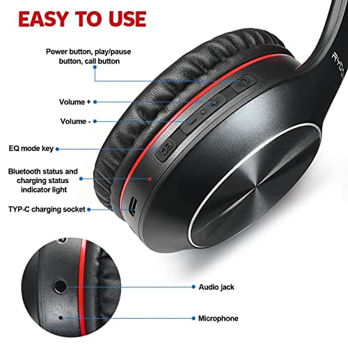 Rydohi Bluetooth Headphones Over Ear, 68H Playtime and 3 EQ Music Modes Wireless Headphones with Microphone/Deep Bass, HiFi Stereo Foldable Lightweight Headset for PC Home Travel Office(BLACK-RED) — view 6