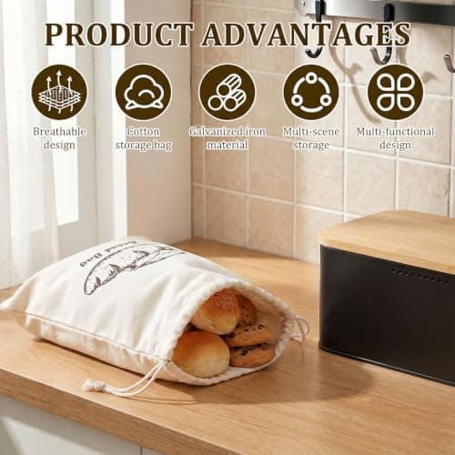 ZEJEXXB Bread Bin with Bamboo Cutting Board Lid and Cotton Bag Metal Bread Storage Container with Airy Holes to Keep Toast Fresh for Loaves, Pastries, Rolls(Black) — view 3
