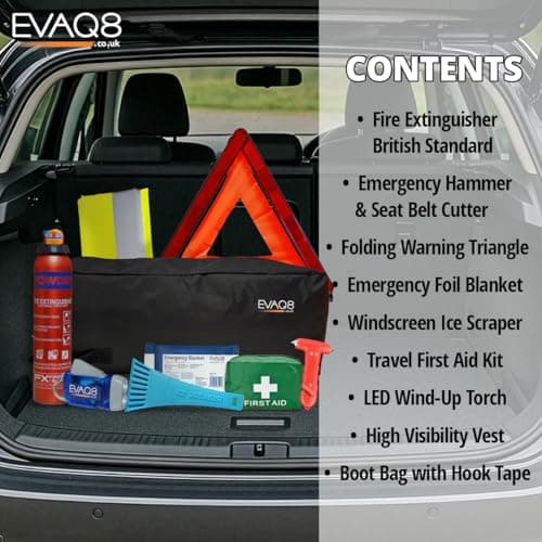 EVAQ8 Car Breakdown Emergency Kit with Fire Extinguisher – Complete Roadside Safety Kit with First Aid, Warning Triangle, Hi Vis Vest, Torch & Blanket — view 2