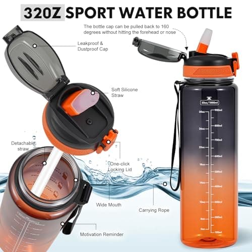 SEASEVEN Sports 1L Water Bottle with Straw for Gym,Office(Black-Orange) — view 3