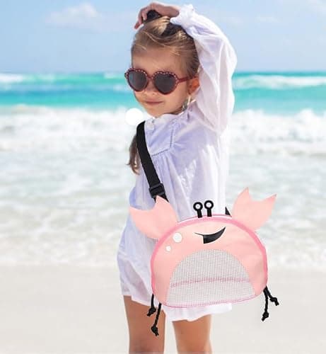 CAREOR Creative Beach Zipper Bag, Portable Crab-Shaped Mesh Beach Bag with Adjustable Shoulder Straps for Shell Sea Pool Toy (Pink) — view 2