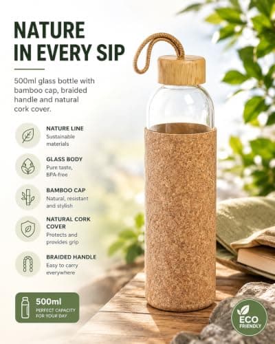 Personalised 500ml Glass Water Bottle with Cork Cover & Bamboo Lid - Eco-Friendly Custom Branded Reusable Bottle with Carry Handle for Travel & Everyday Use — view 5