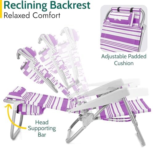 Trail Low Reclining Beach Chair, 4 Positions, Purple Stripes — view 4