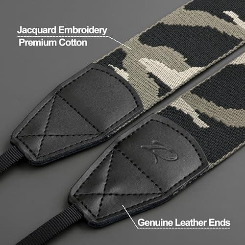 Padwa Lifestyle Camouflage Camera Strap - 2" Retro Cotton Camera Straps for Photographers,Adjustable Wide Camera Neck/Shoulder Strap with Genuine Leather Head for All DSLR/SLR Digital Cameras — view 2