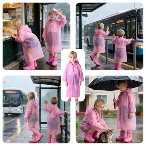 AropaeenGlowry 2pcs Kids Waterproof Rain Poncho with Hood & Sleeves - Reusable EVA Raincoat for Boys Girls, Camping & Travel, Pink — view 2