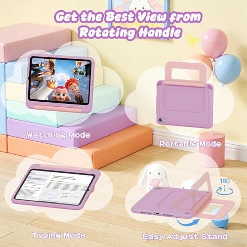 INFILAND Kids Case for iPad Mini 7 2024 (A17 Pro), iPad Mini 6 Case(8.3 Inch 2021 Model), iPad Mini 7th/6th Generation Case with Durable Soft Shockproof Stand and Handle (Lavender-Pink) — view 3