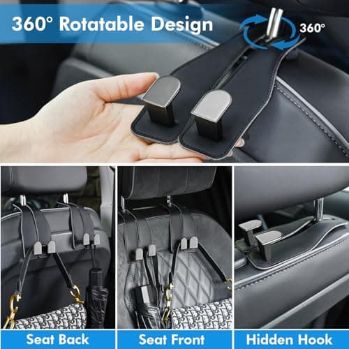 Car Hooks for Headrest, Leather Car Seat Back Storage Organizer Interior Accessories, More Wide & Deep Auto Seat Hook Hangers for Purse Umbrellas Handbag Clothes Coats Grocery Bags (Black-2 Pack) — view 3
