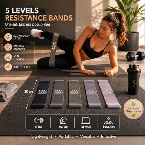 Resistance bands set- 5 Levels for Glutes, Legs & Full body workouts,Booty Bands for Yoga,Pilates,Strength Training for Men and Womens, Non slip Premium Naturel Latex, Black to Grey, Home,Gym& Pilates — view 3