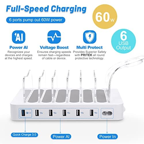 PRITEK Charging Station with 8pcs Short Charge Cables, 60W 6 Ports USB Charger Station Desktop Organizer Charging Dock Compatible for Phone Tablet Multiple Electronic Devices (White) — view 4