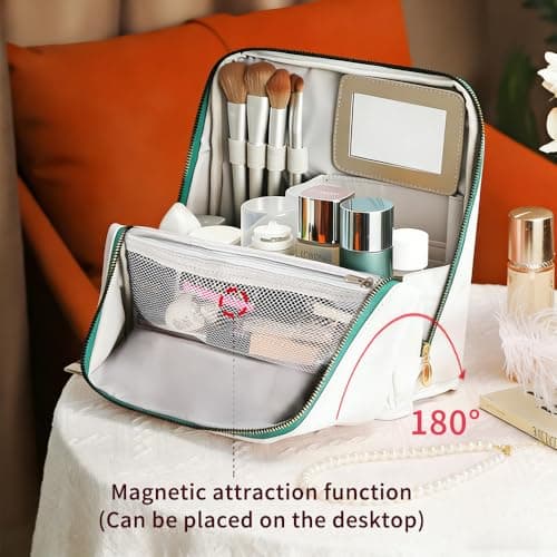 ningzhi Large PU Leather Travel Makeup Bag, Portable Cosmetic Bag with Makeup Brush Organiser Water-Resistant Portable Magnetic Vertical Makeup Bag with Handle,for Women Travel Essentials — view 3