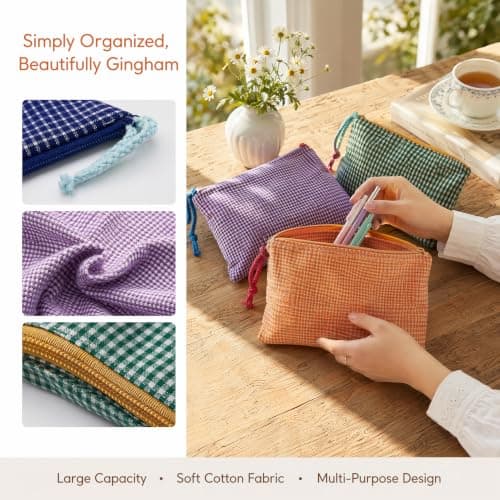 4PCS Linen Cotton Plaid Makeup Pouch, Contrast Zip Pouches for Handbags, Compact Cosmetic Bag, Lightweight Travel Pouch, 16×21cm Storage Organiser for Skincare Stationery Toiletry Essentials — view 4