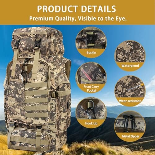 Vaupan Hiking Backpack, 80L Camping Military Tactical Backpack with USB Charging Port, Waterproof Large Travel Daypack Outdoor MOLLE Rucksack for Men Women (City Camo-Biner) — view 4